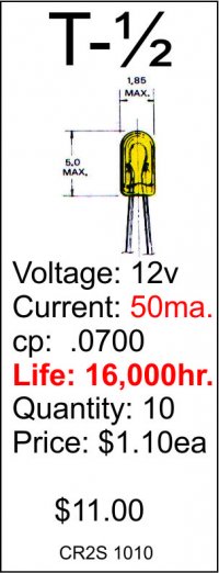 16,000 hr. 50 ma., .07 CP, Bi-Pin bulb, 10/pk